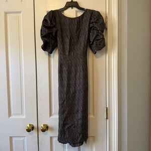 Baruni Elegant Puff Sleeve Grey Geometric Patterned Long Dress Size Medium